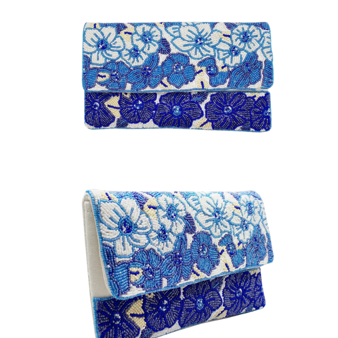 Blue Floral Beaded Clutch